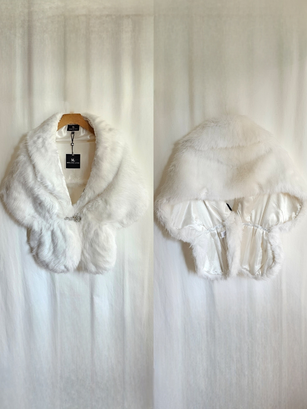 Melanie Lyne White Faux Fur & Rhinestone Bridal Shawl Stole - Picture 8 of 16